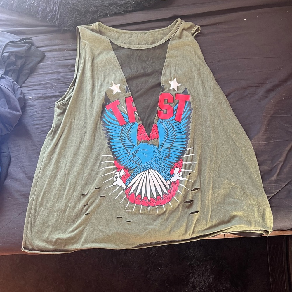 Graphic Olive Green Sleeveless Top